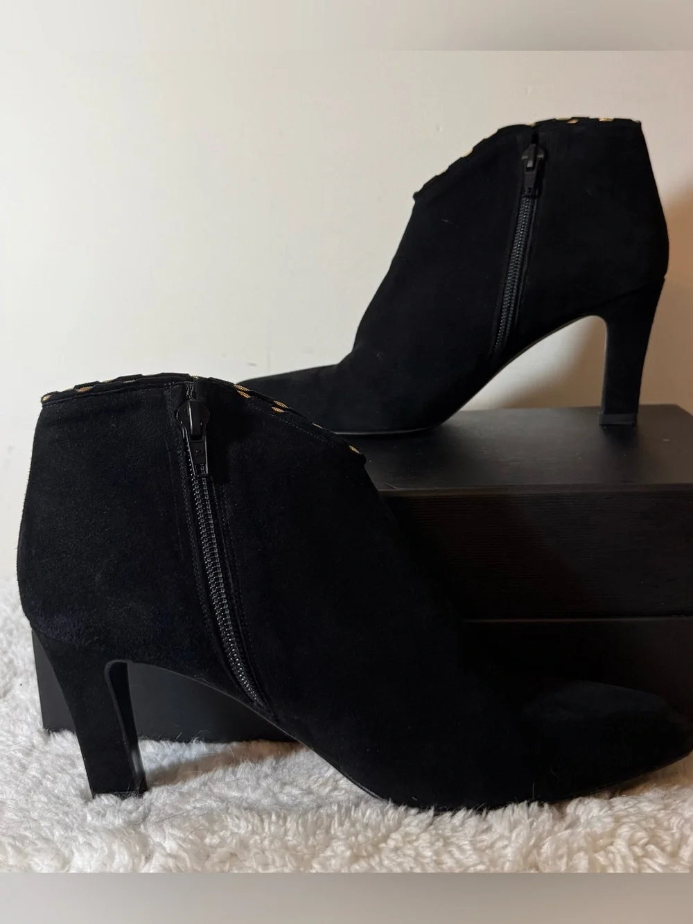 Stuart Weitzman Black Suede Booties w/Gold Chain Details, Great Condition!